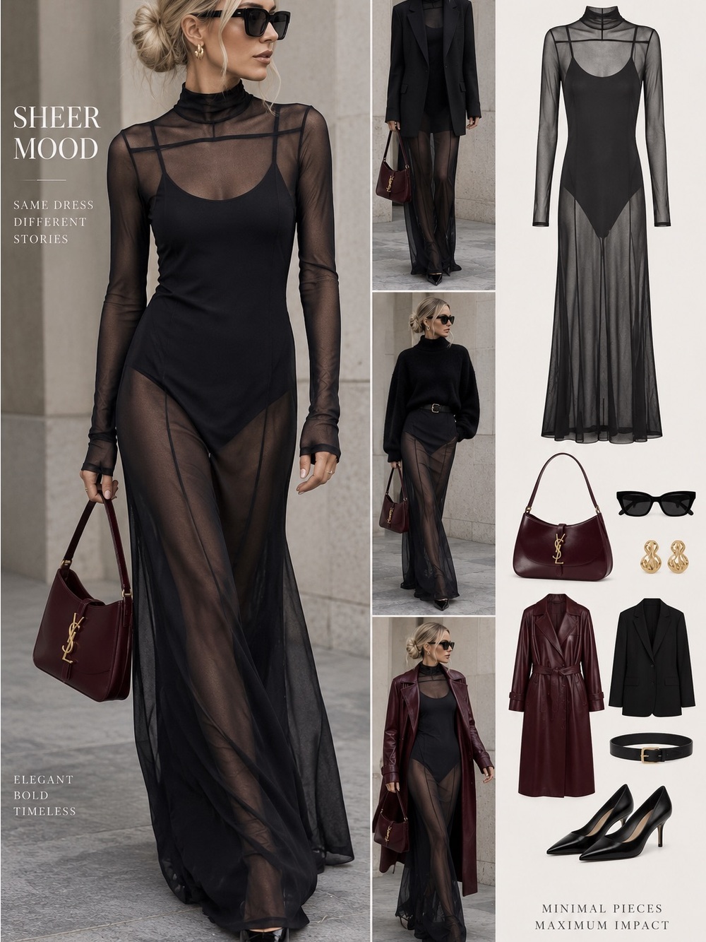 ZARA Black Sheer Mesh Maxi Dress with Built-In Bodysuit Size S
